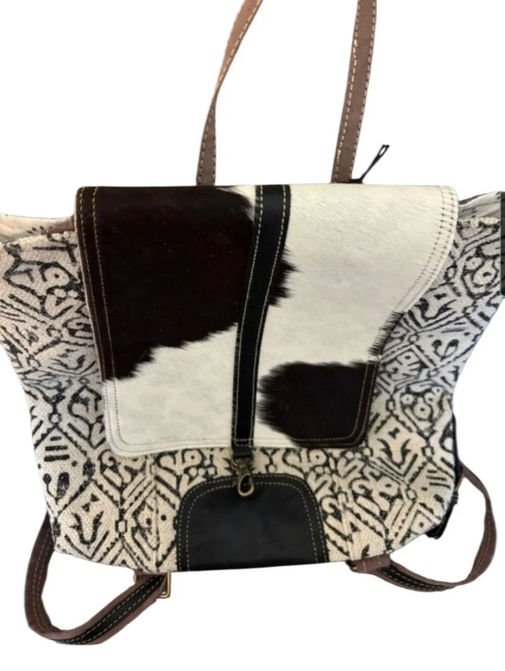 Myra Bags Cowhide Leather Black & White Cotton Nova Nest Backpack Tote NEW